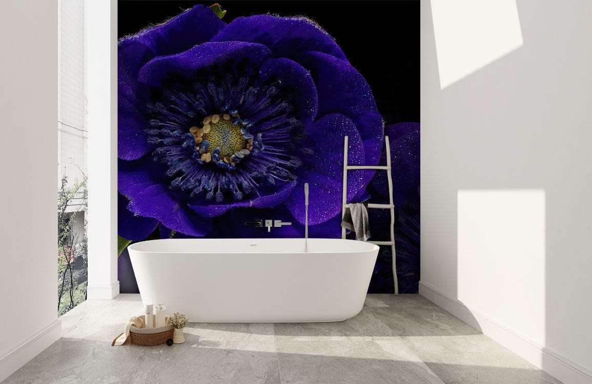 Luxurious floral mural wallpaper with midnight blue botanical blooms in modern white bathroom, grey flooring.