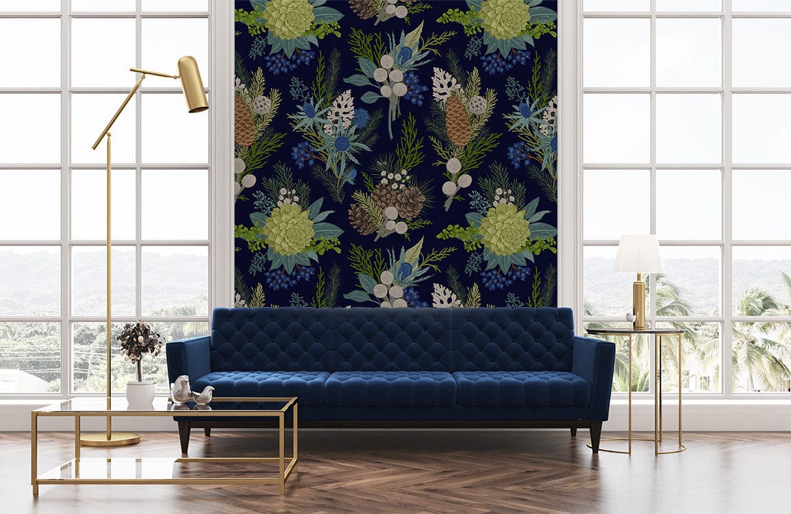 Winter botanical wallpaper, midnight blue, pinecone design. Blue sofa, wooden flooring, modern living room decor.