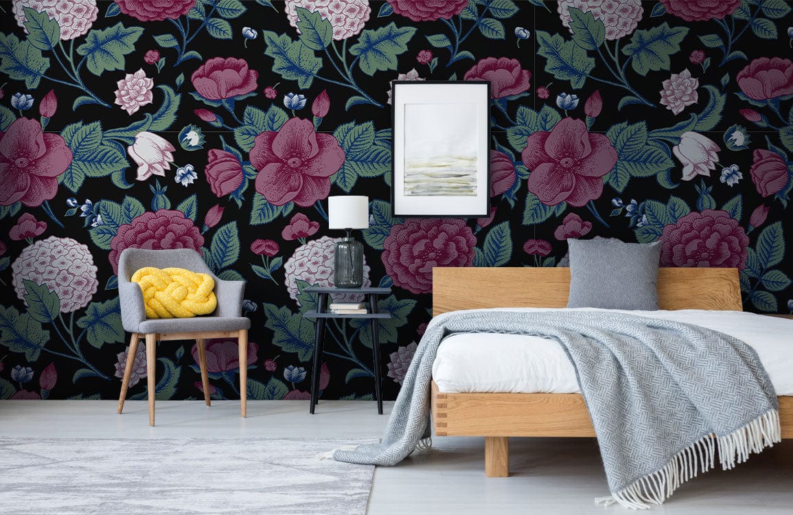 Wallpaper mural featuring a dark hydrangea bouquet design for use as bedroom decor
