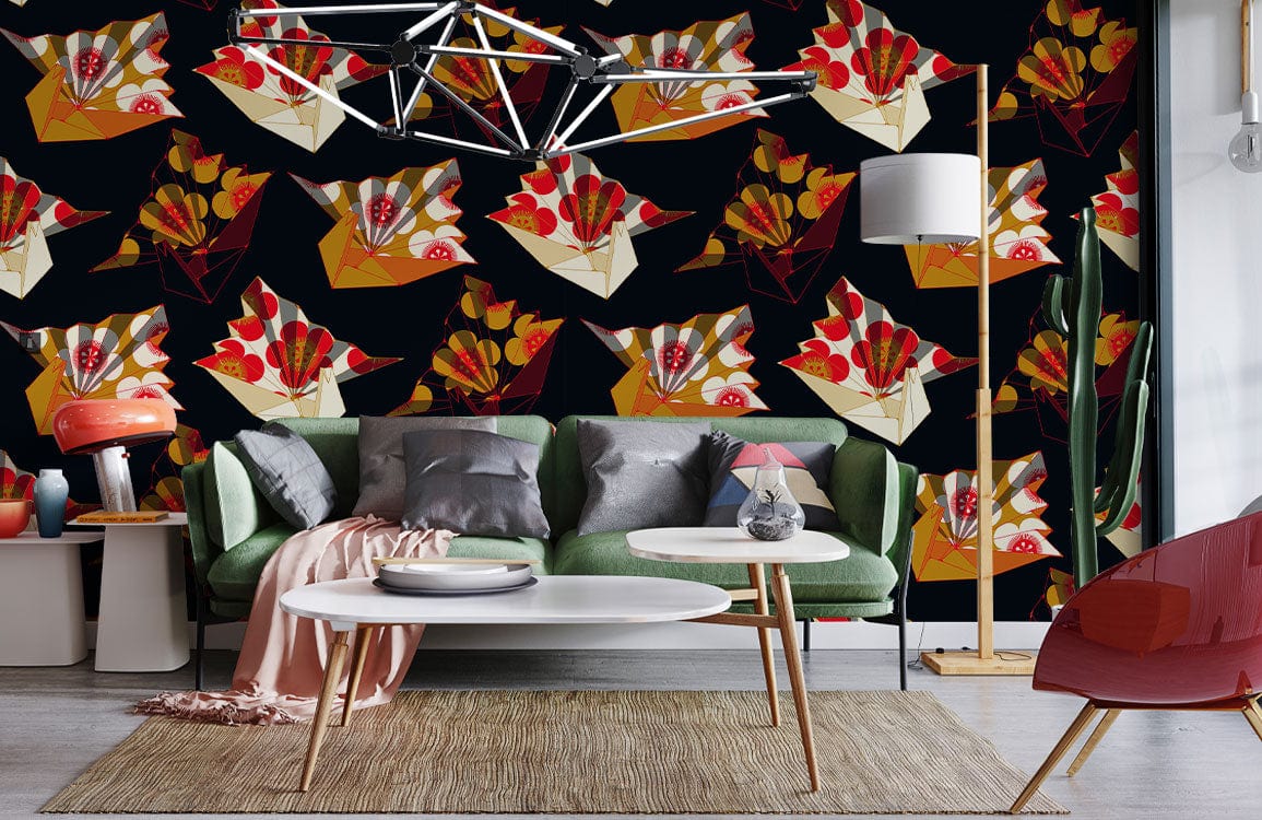 Vibrant origami wallpaper with green sofa, mid-century table, modern lamps, and artistic decor elements.