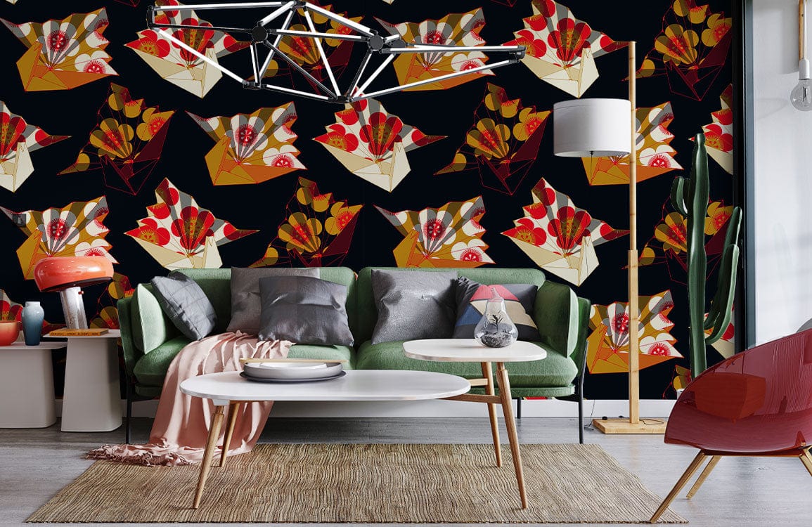 Wallpaper mural with a dark paper crane design for the living room decor