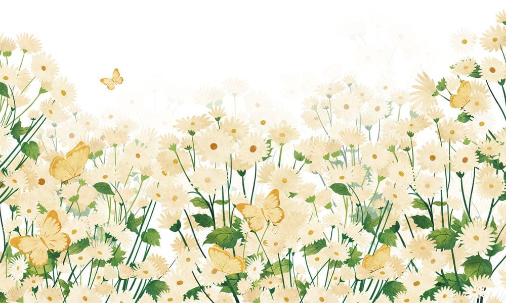 Floral Meadow Delight Mural Wallpaper with Butterflies in Pastel Yellow and Green