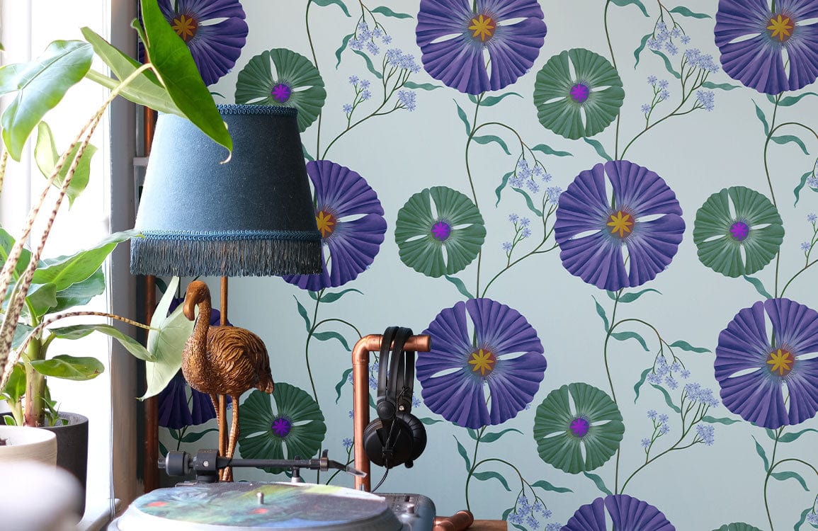 Vintage purple floral wallpaper with green accents, featuring a retro lamp and vibrant decor.