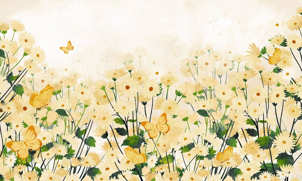 Creamy Floral Meadow Mural Wallpaper with Delicate Butterflies and Soft Daisies.