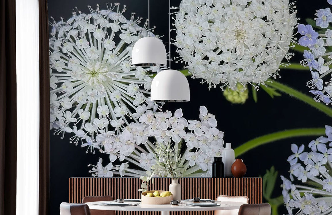 Elegant white lavender flower mural wallpaper in dining room, wooden dining table, modern pendant lights.
