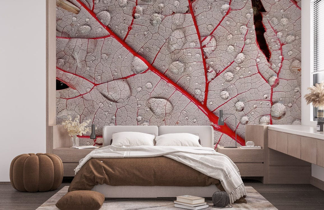 Red Vein Leaf Wallpaper with Natural Texture in Modern Bedroom Featuring Beige Bed, Wooden Furniture, Grey Floor.