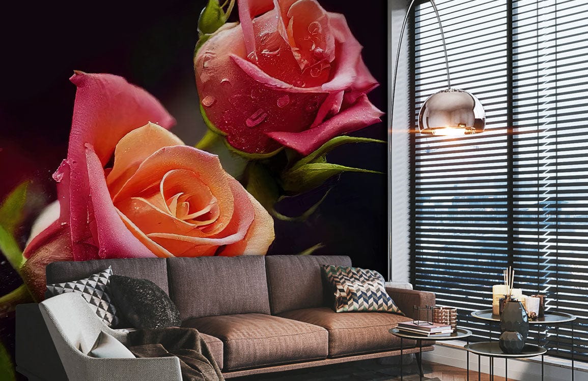 Elegant pink and peach roses mural with dew, modern brown sofa, contemporary floor lamp in living room.