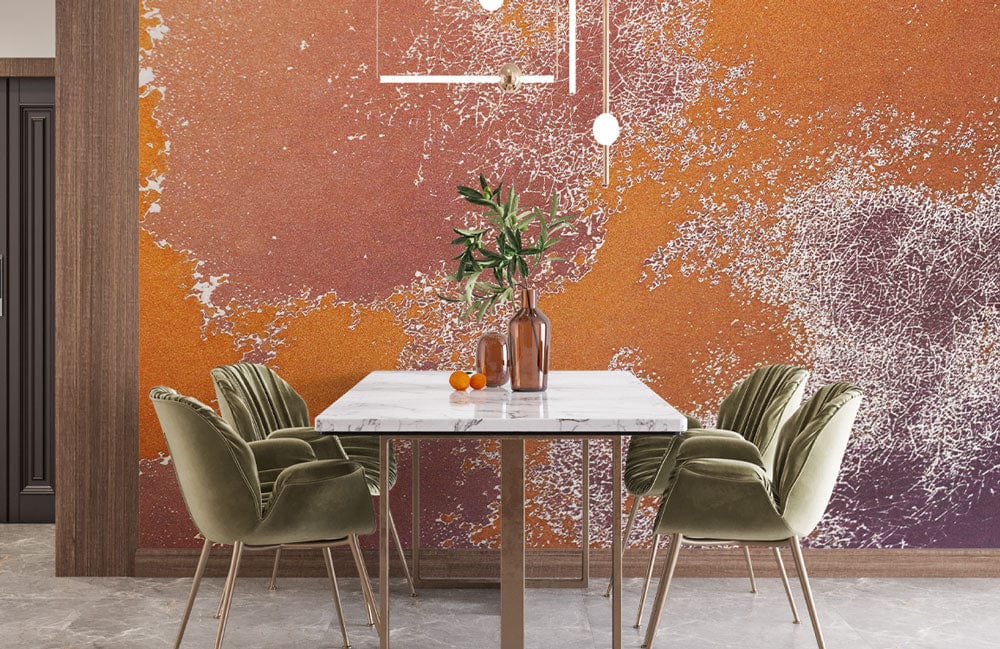 Rustic abstract mural with metallic accents, velvet green chairs, marble dining table, elegant dining room.