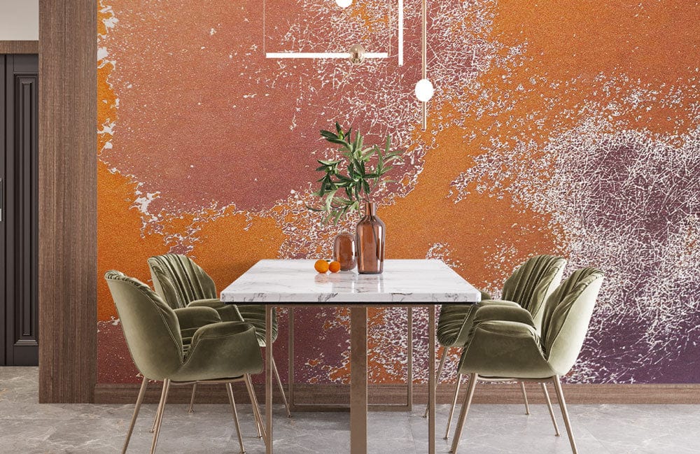 Wallpaper mural in a distressed red colour, ideal for use as a dining room decoration.