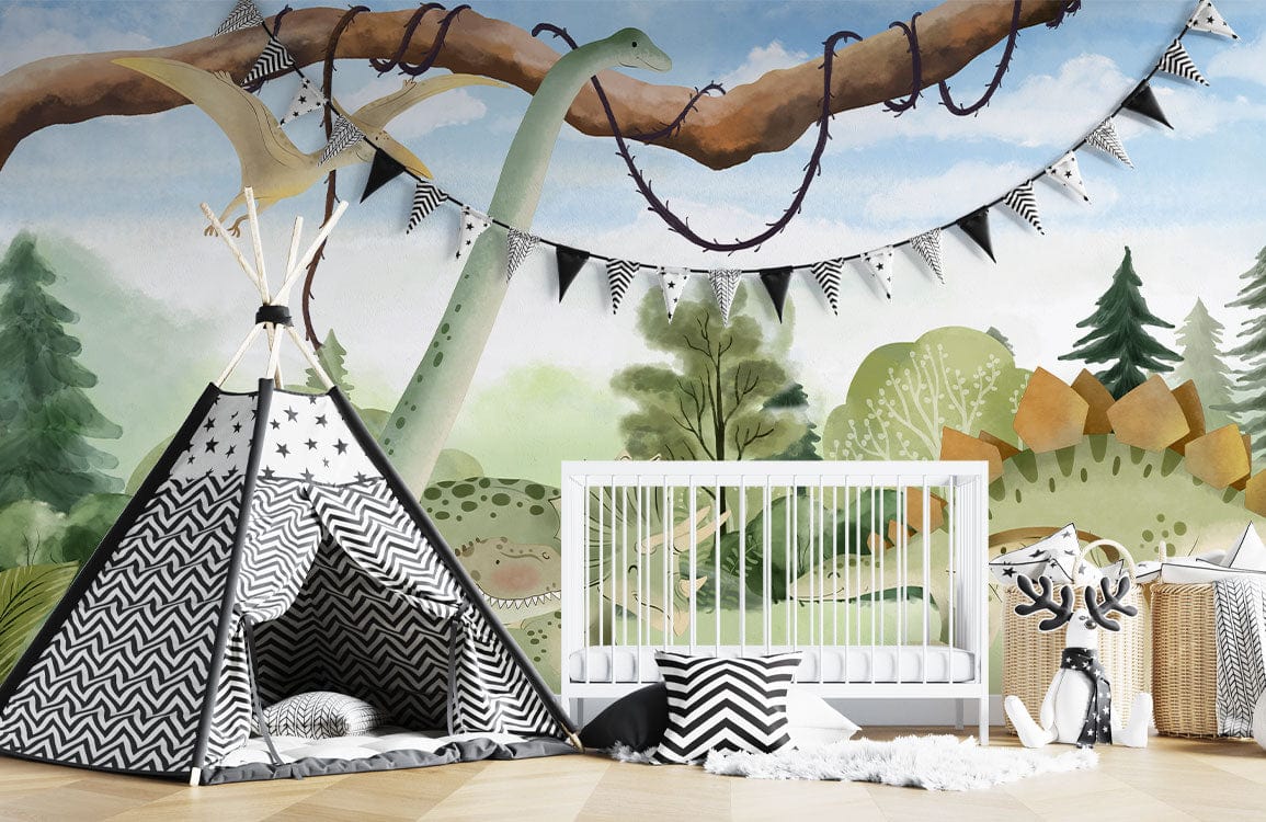 Enchanting dinosaur jungle mural wallpaper in kids' room with tepee, crib, wooden flooring, adventure decor.