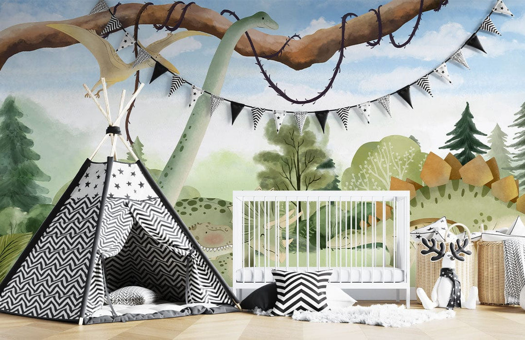 Enchanting dinosaur jungle mural wallpaper in kids' room with tepee, crib, wooden flooring, adventure decor.