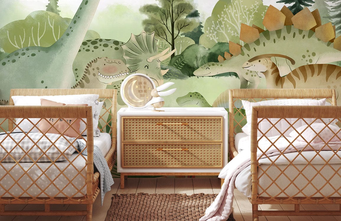 Children's bedroom with Dinosaur Adventure Mural Wallpaper, twin wicker beds, wooden flooring, and a dresser.