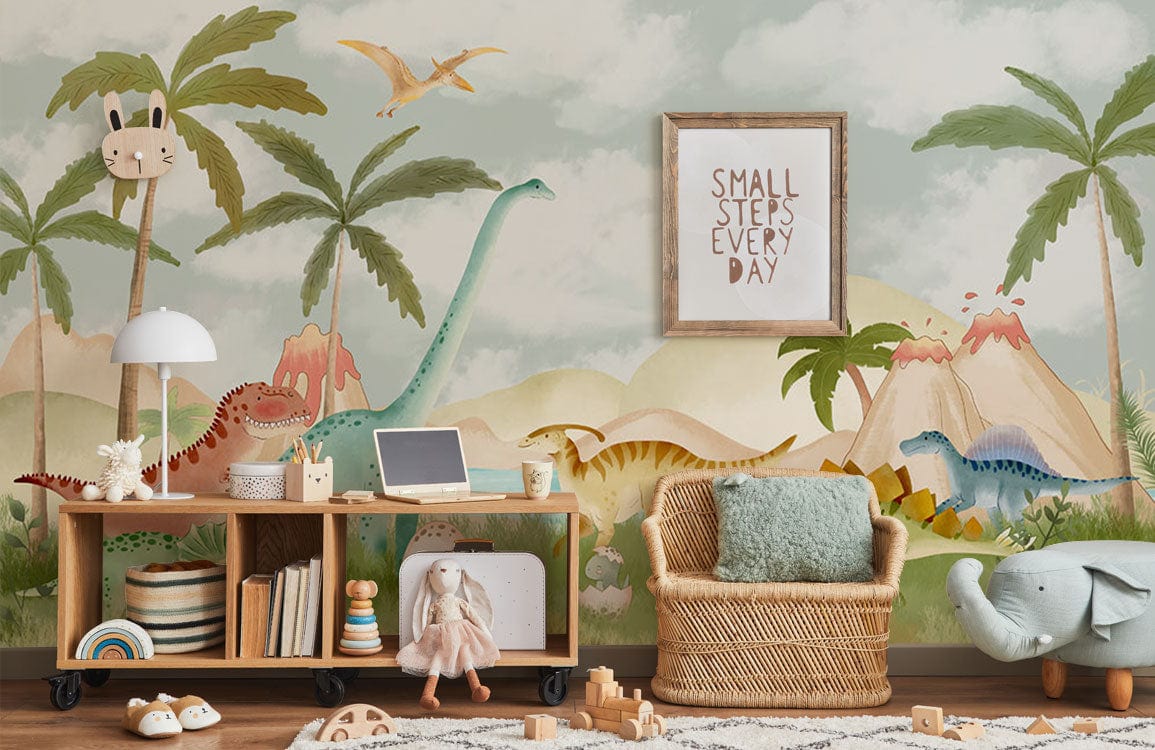 Enchanted Dinosaur Adventure Mural Wallpaper in pastel hues, children's room with wicker chair and rug.