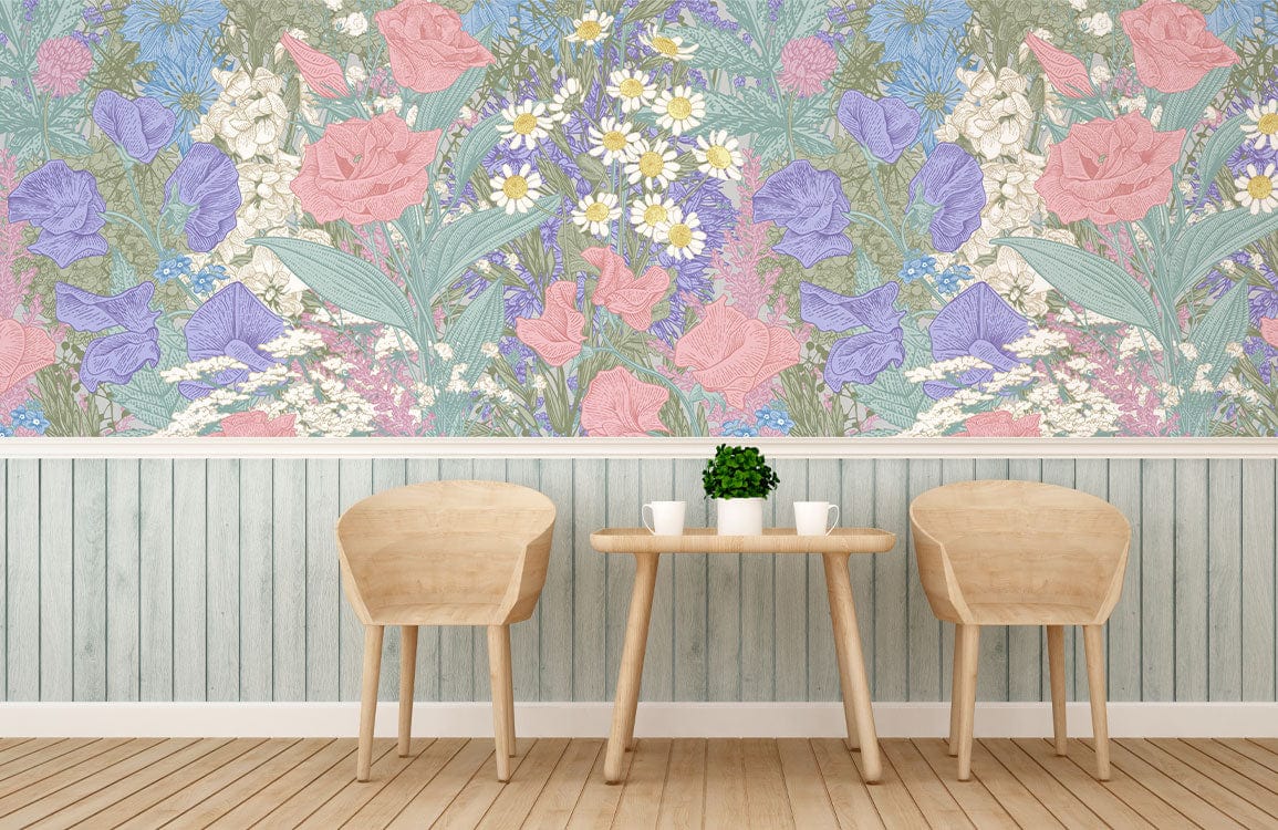 Vintage pastel floral wallpaper in garden design with complementing wooden chairs and light wood flooring.