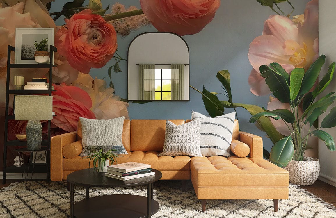 Wallpaper mural featuring an ethereal Ranunculus Asiaticus design, perfect for the living room.