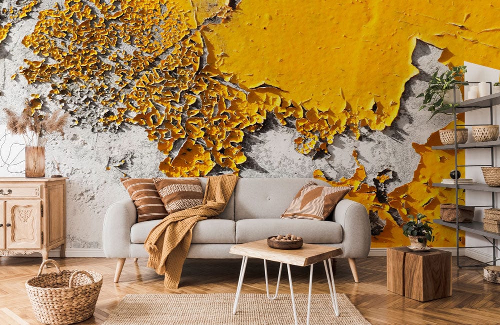 Urban Decay wallpaper, yellow and grey, modern sofa, wooden furniture, contemporary living room setting.