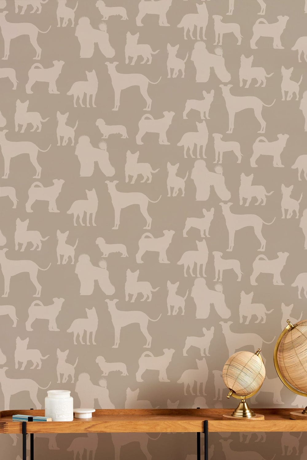 Grey dog silhouette wallpaper, modern home decor, wood table, globe decor, minimalistic interior design style.
