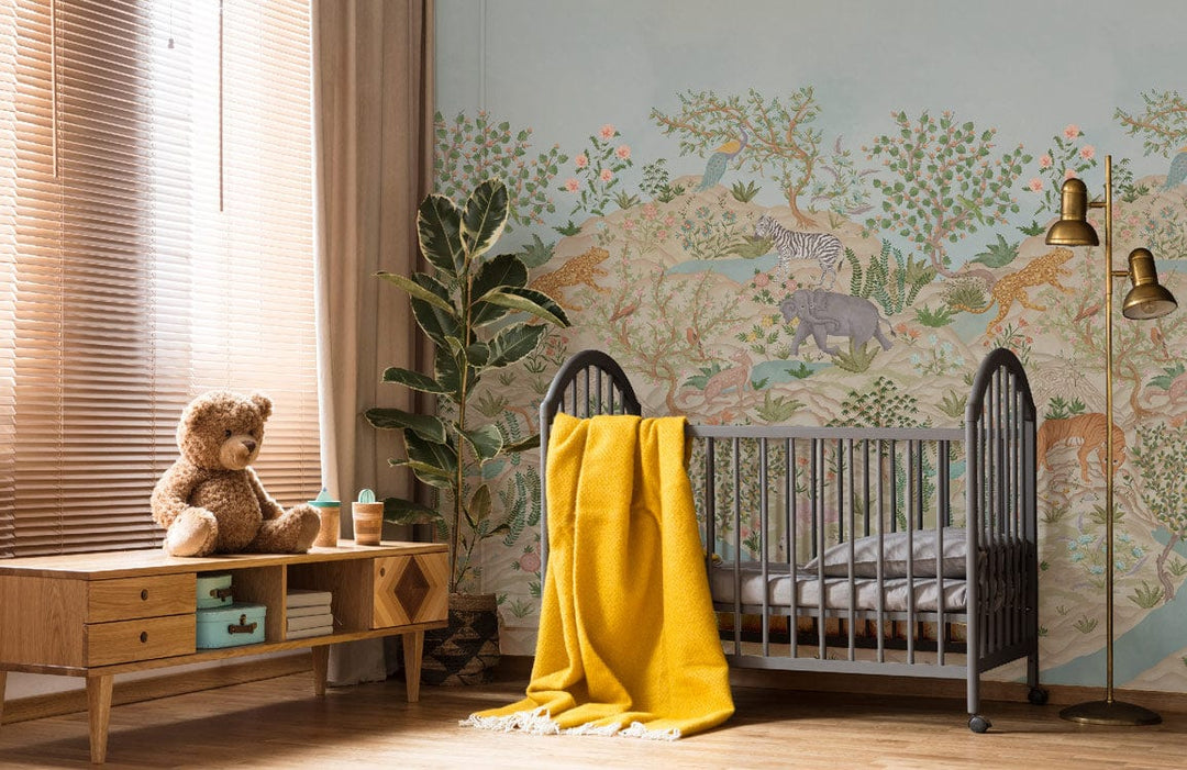 Exotic Jungle Safari Mural Wallpaper with pastel tones, nursery crib, wooden flooring, and retro sideboard.