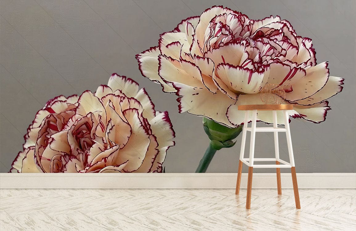 Cream Carnation Floral Elegance Wallpaper with vintage blossom pattern; wooden stool and herringbone flooring.