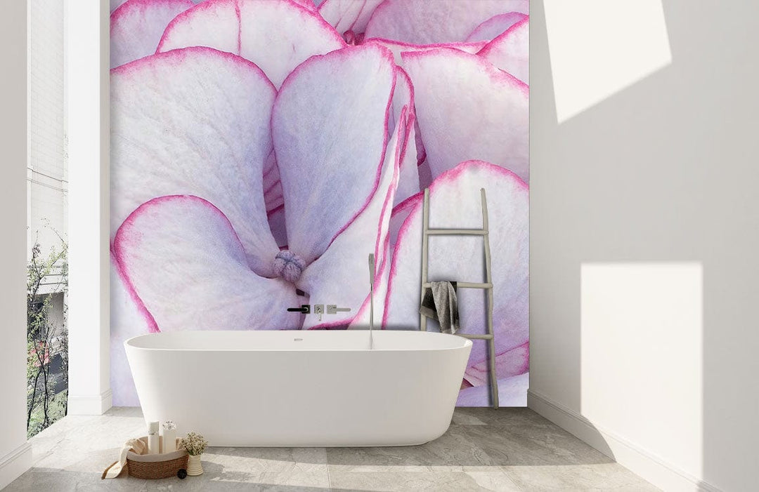 Elegant Hydrangea Blooms Wallpaper in bathroom with freestanding tub, grey tile flooring, ladder decor.