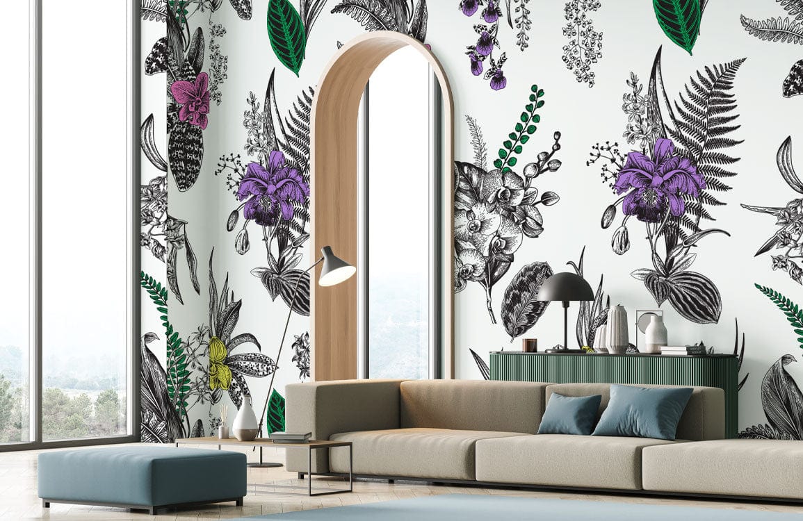 Tropical botanical floral wallpaper in living room, beige sofa, green accents, with arched window.