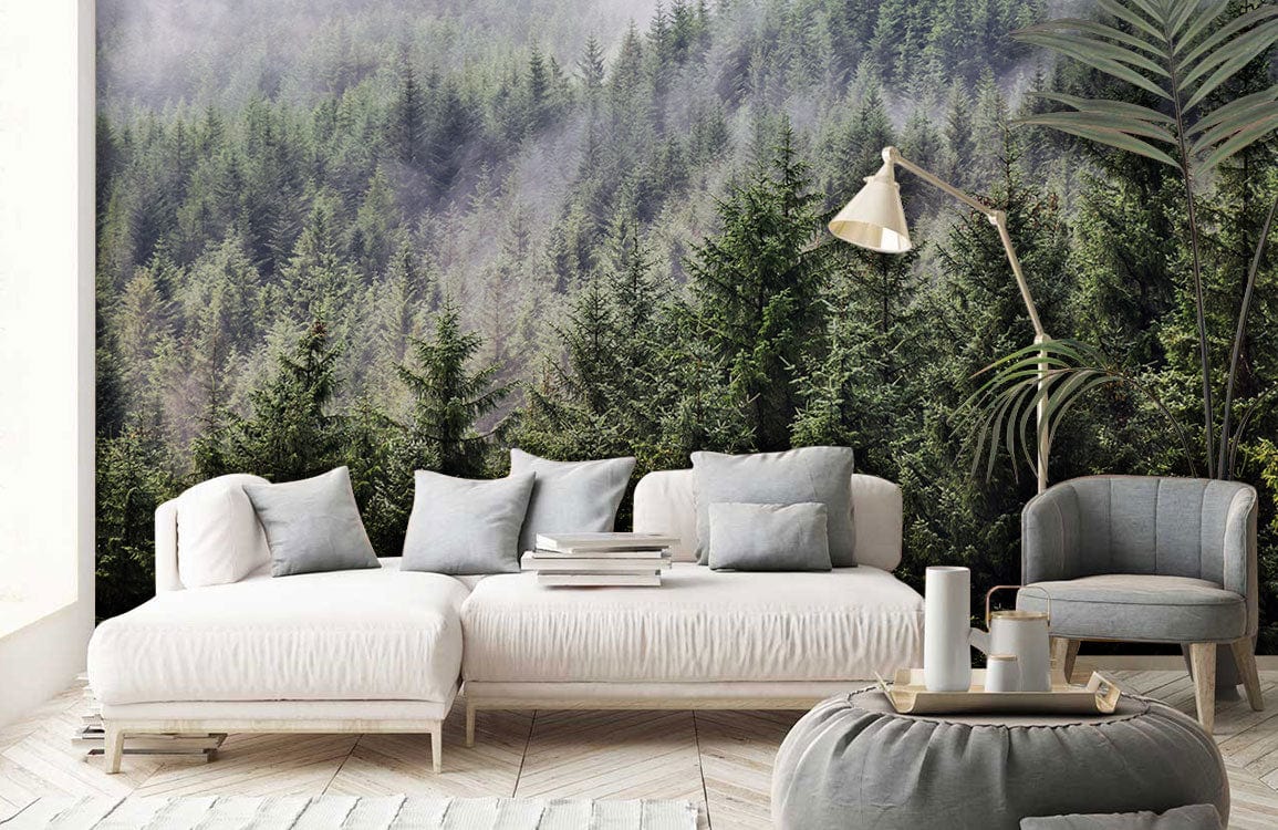 Misty Forest Wallpaper in serene living room, with white sofa, light wood flooring, modern decor elements.