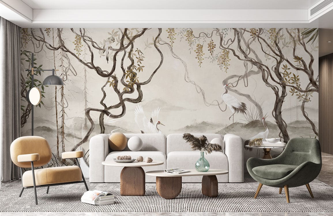 Wallpaper Mural for the Living Room Design With Fairy Cranes in a Forest Setting