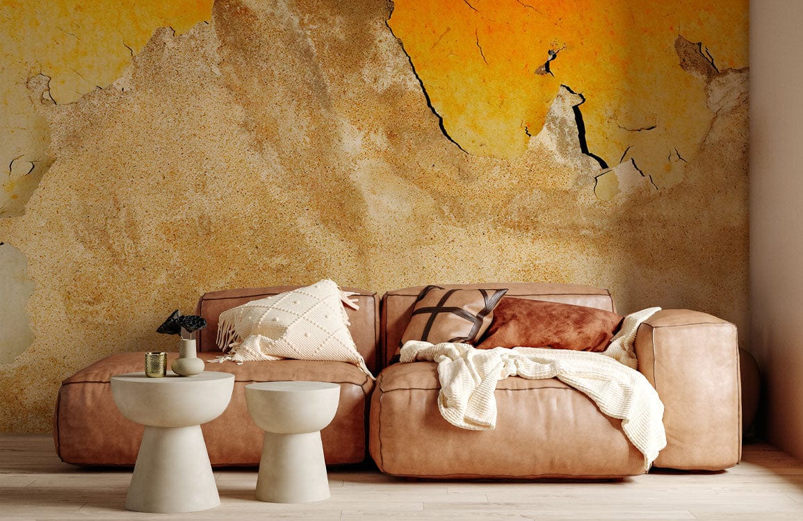 Rustic Sunset textured mural wallpaper, earthy tones, beige sofa, modern stools, wooden flooring. Cozy room.