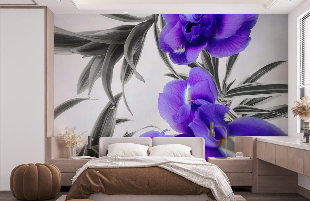 Elegant mural wallpaper in bedroom with vibrant purple flowers, grey leaf accents, neutral furnishings.