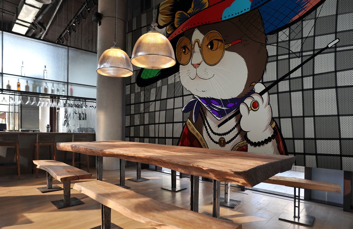 Chic vintage cat wallpaper in quirky style, dining room with wooden tables, modern pendant lighting.