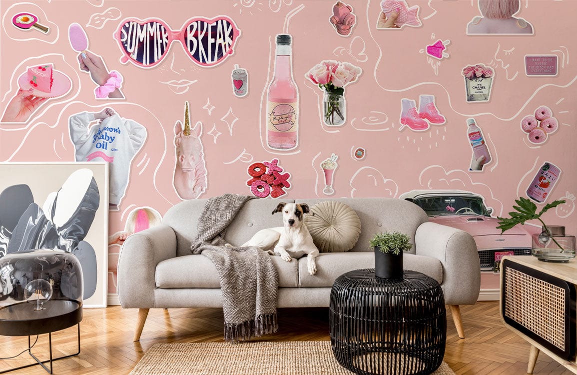 Stickers Wallpaper Mural for Living Room Decoration Featuring a Fashion Pink 