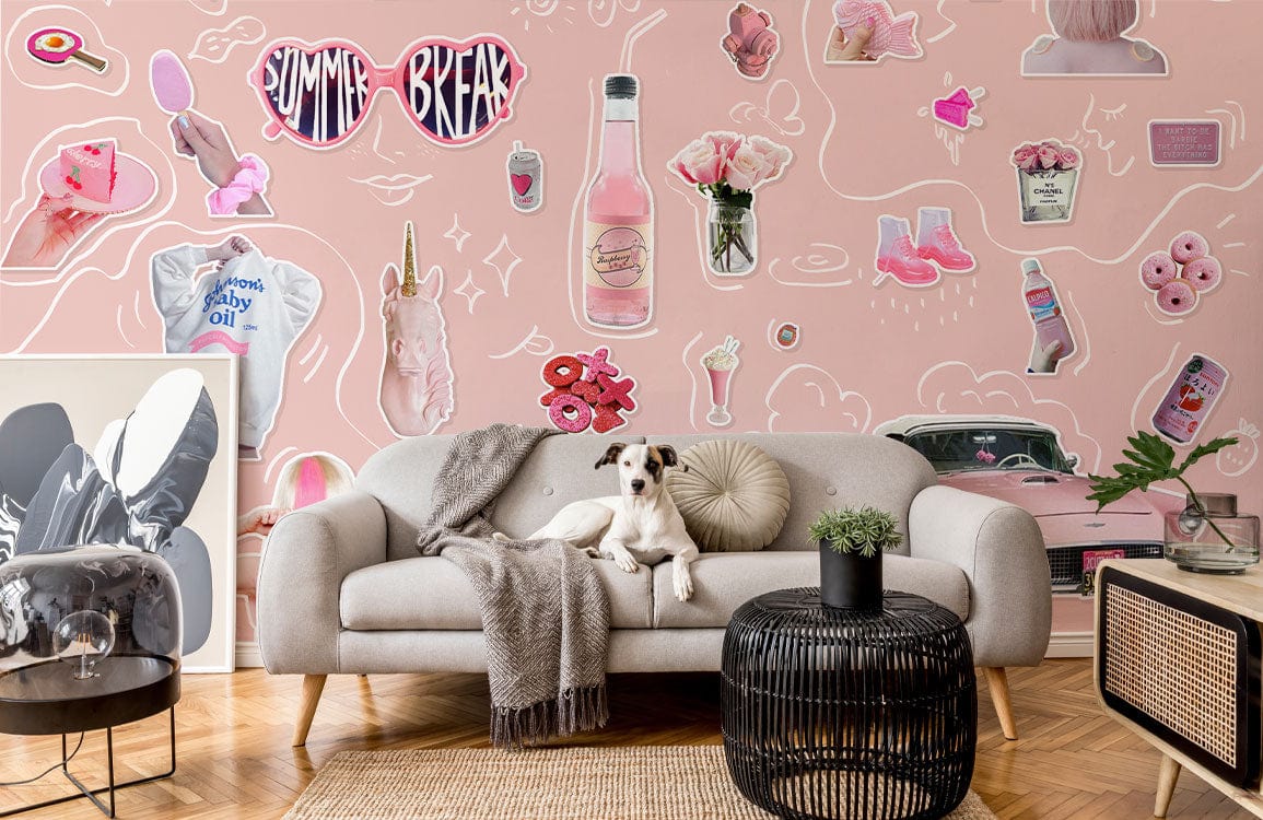Vintage pink retro collage wallpaper in living room with grey sofa, dog, parquet flooring, wicker table.