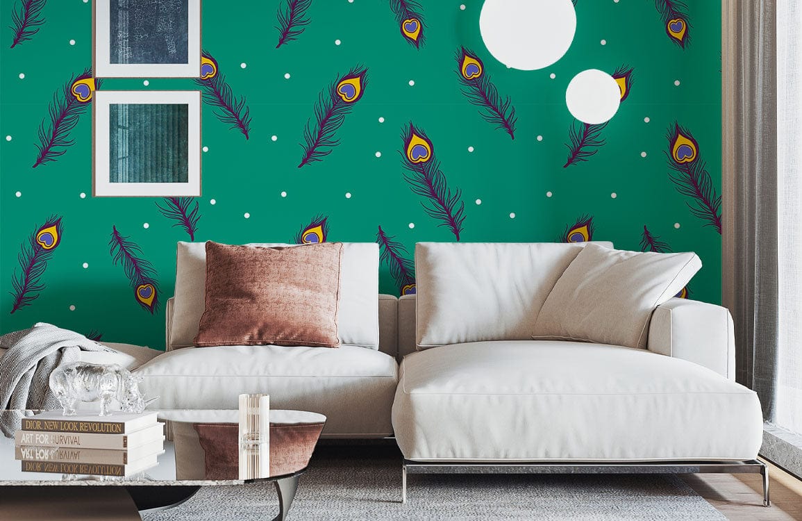 Elegant teal peacock feather wallpaper, cream sofa, modern living room, luxurious textured grey flooring.