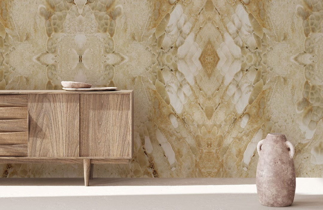 Elegant beige marble textured wallpaper, geometric pattern, wooden sideboard, neutral modern vase, contemporary interior.