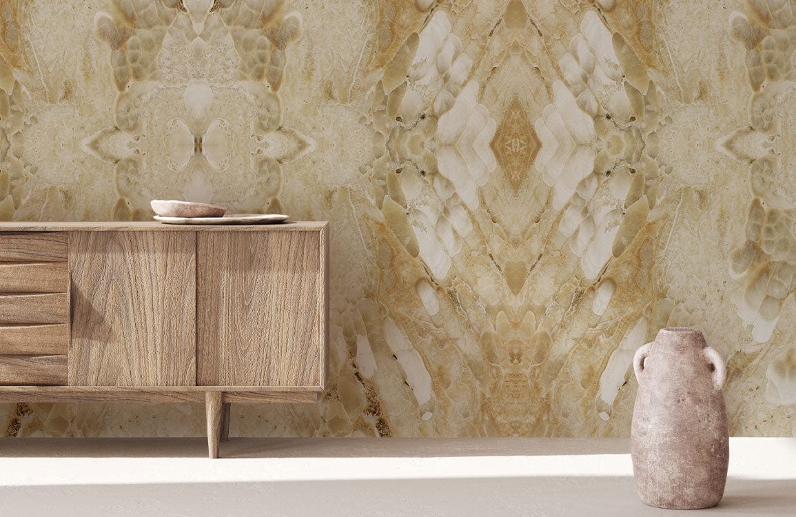Elegant beige marble textured wallpaper, geometric pattern, wooden sideboard, neutral modern vase, contemporary interior.