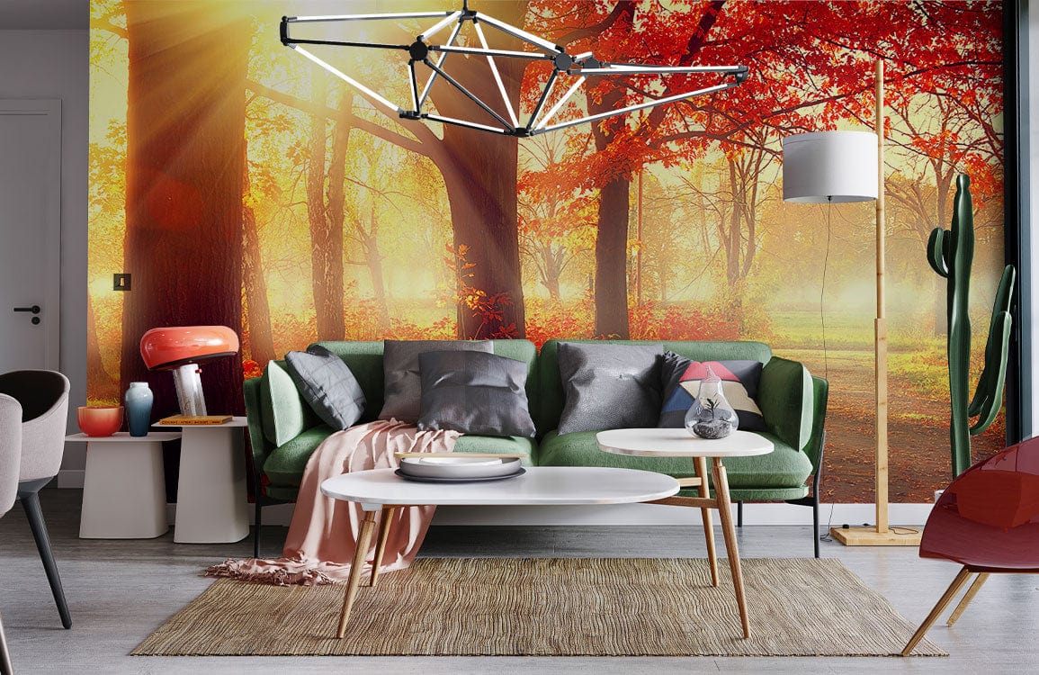 Green sofa, modern coffee table, autumnal forest mural wallpaper with red foliage, wooden flooring, floor lamp.