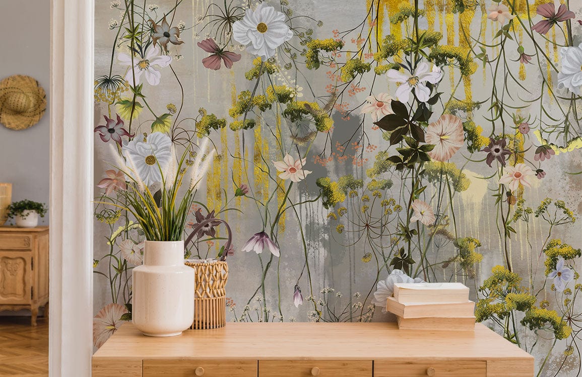 Elegant Floral Watercolour Mural Wallpaper in Soft Pastel Hues with ...