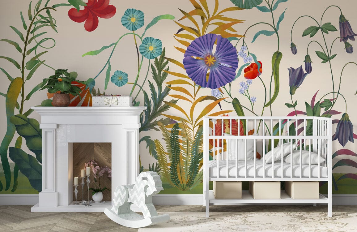 Colourful vintage floral wallpaper in nursery with white crib, fireplace, and rocking horse. Earthy tones.