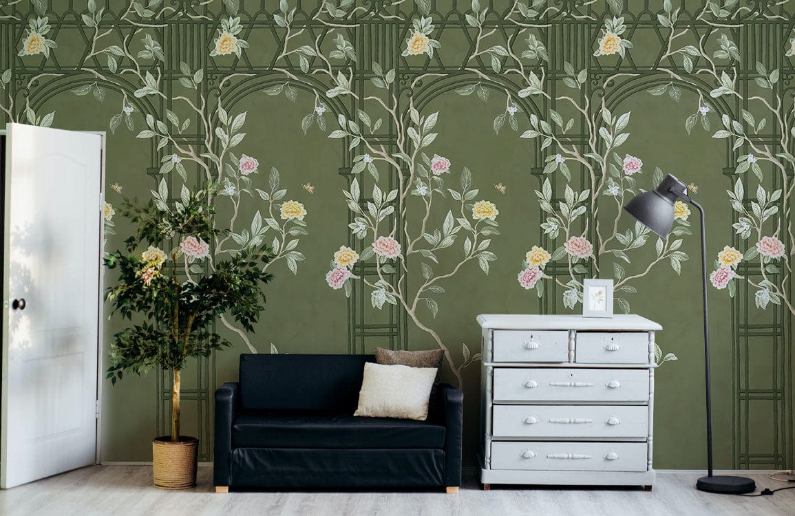 Wallpaper mural featuring a flowering vine and vine fence, perfect for decorating the living room.