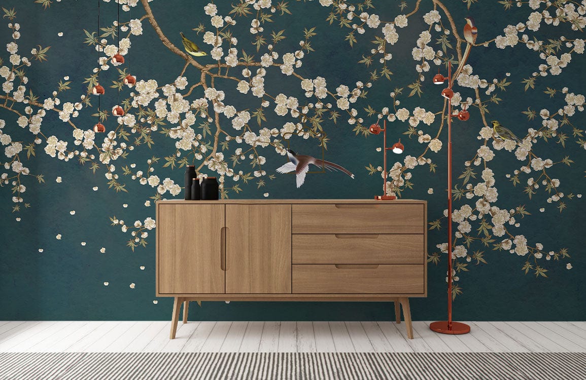 Mural with Flower Vines on Jasper Wallpaper Used as Décor in the Hallway