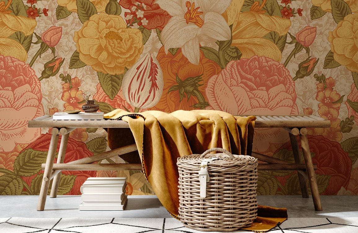 Vintage Floral Harmony Wallpaper, earthy, botanical; wooden bench, basket, geometric rug in living room.