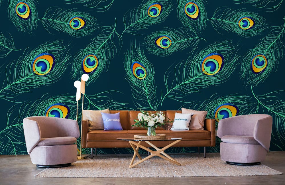 Vibrant peacock feather wallpaper in teal, brown sofa, mauve chairs, wooden flooring, cosy living room.