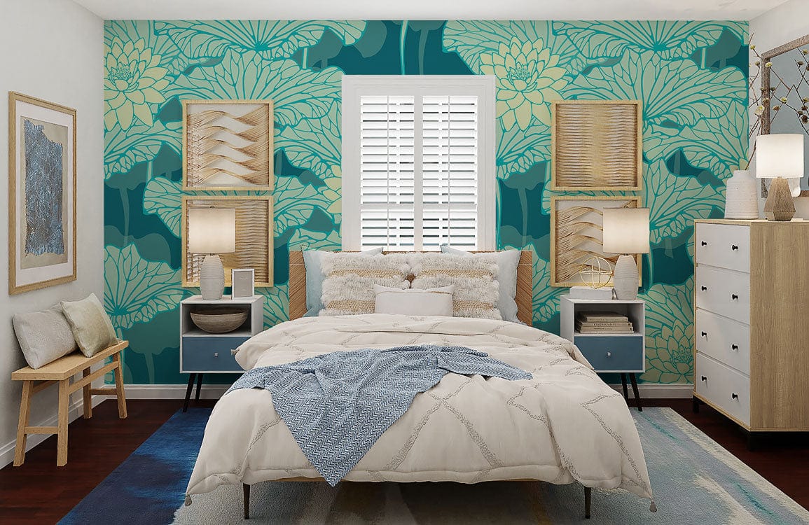 Teal and cream lotus pattern wallpaper in bedroom with wooden furniture, elegant lamps, and cosy bed.