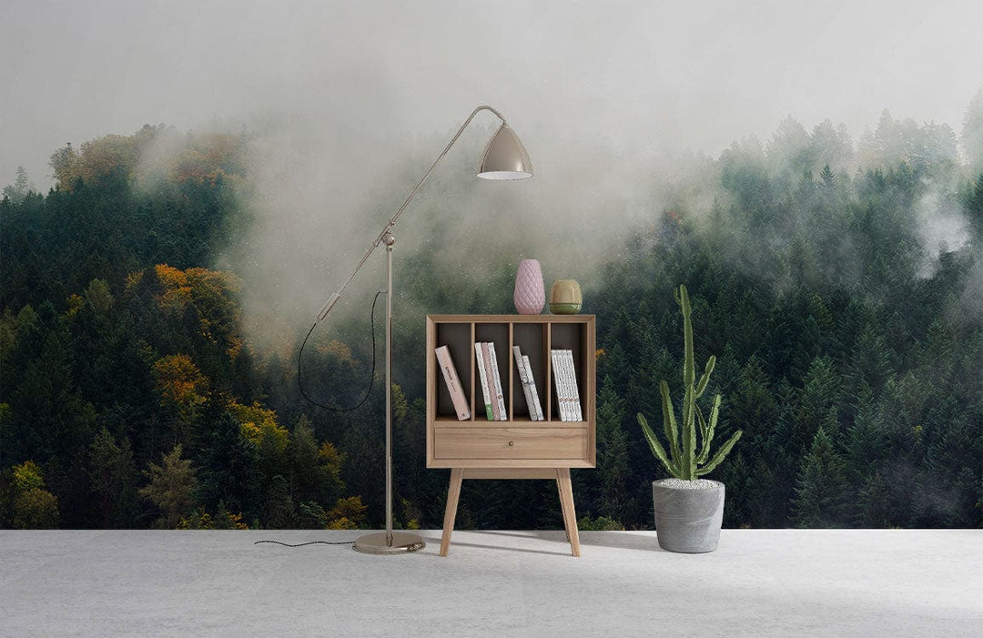 Misty Forest Green wallpaper in serene room with modern lamp, wooden cabinet, soft flooring, cactus decor.