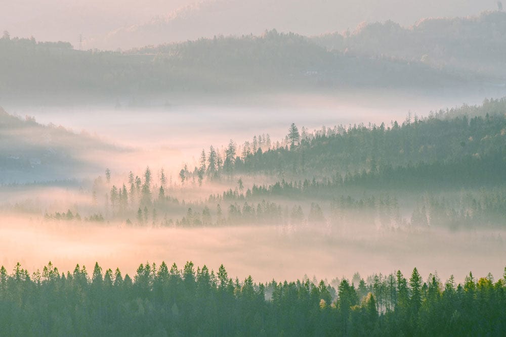 Serene Misty Mountain Landscape Mural Wallpaper in Soft Pastel Hues