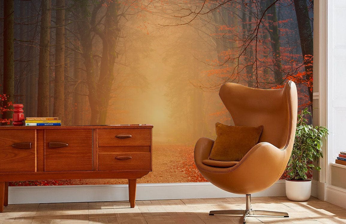 Enchanted Autumn Forest mural wallpaper in living room; retro chair, wooden sideboard, light flooring.
