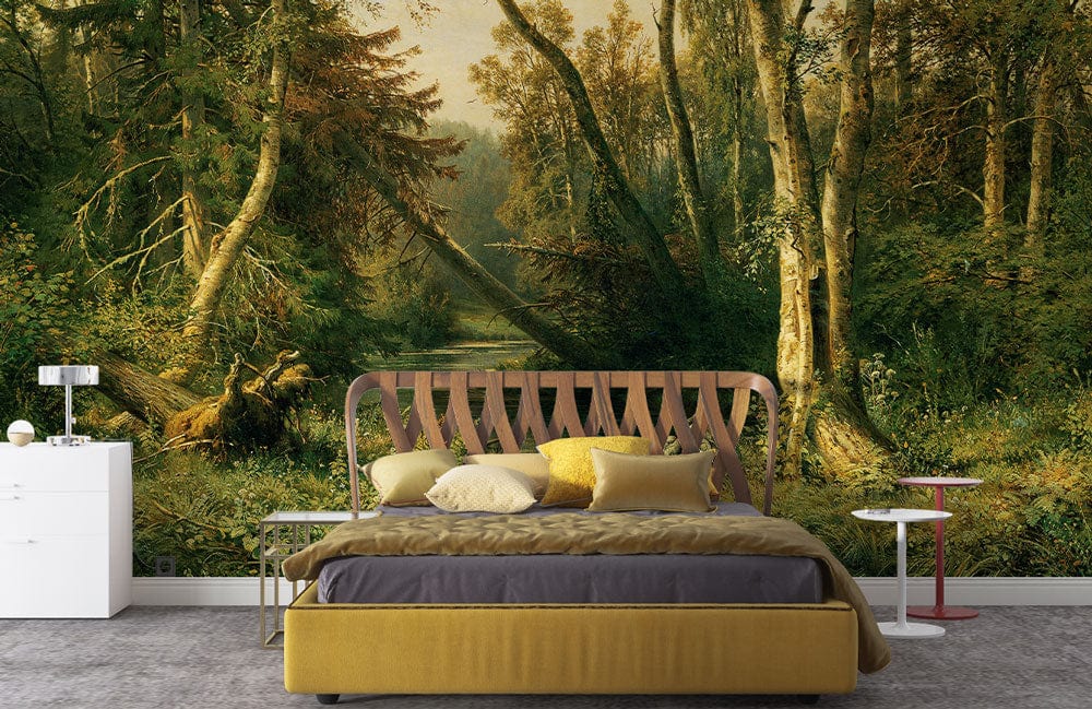 Serene Forest Landscape Mural Wallpaper; earthy tones, green; modern bedroom, yellow bed, grey carpet.