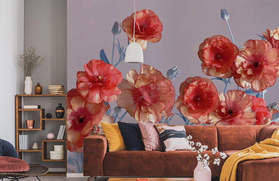 Vintage Coral Floral Mural Wallpaper in living room with brown sofa, soft blue accents, wooden shelving.