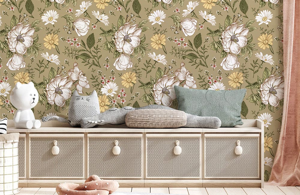 Vintage floral wallpaper with green, white, yellow tones; patterned cushioned bench, light wooden flooring.