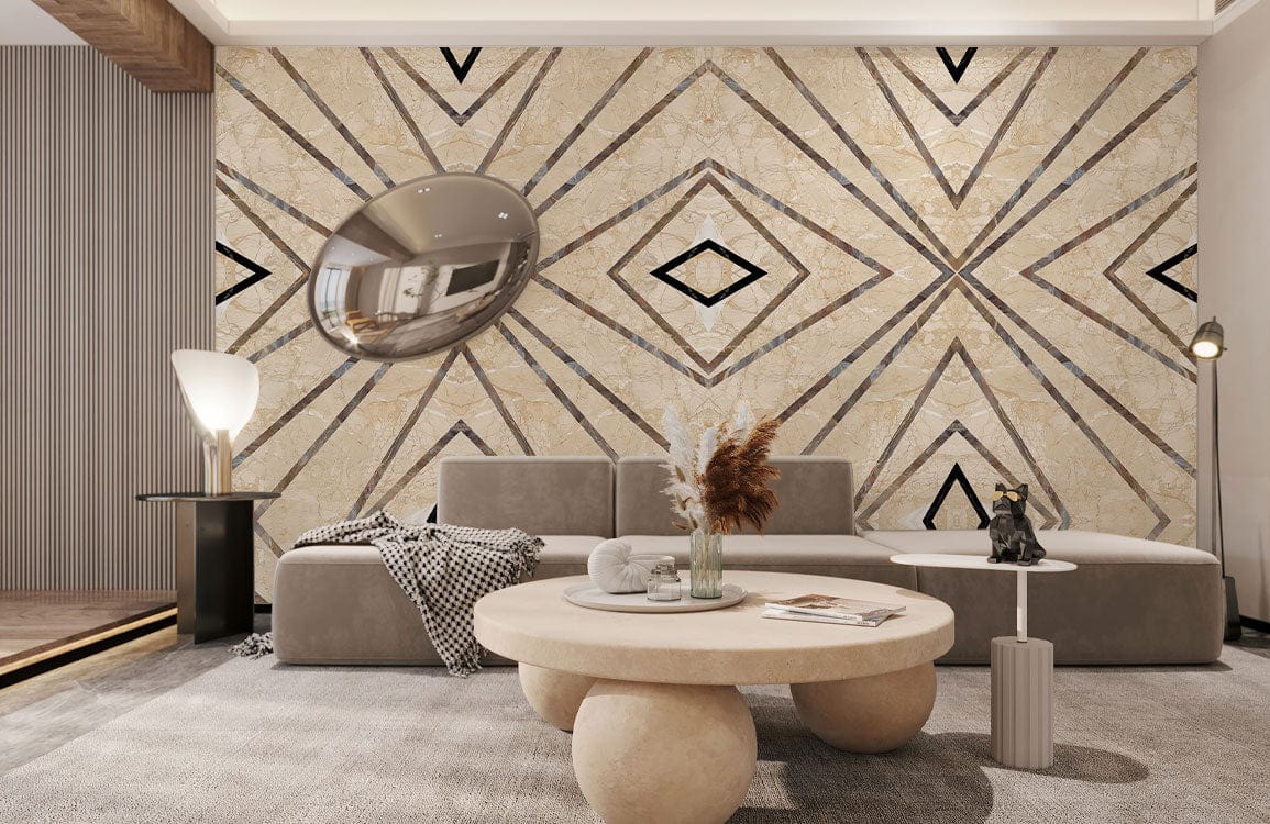 Beige diamond pattern wallpaper in modern living room with grey sofa, round table, and chic decor.